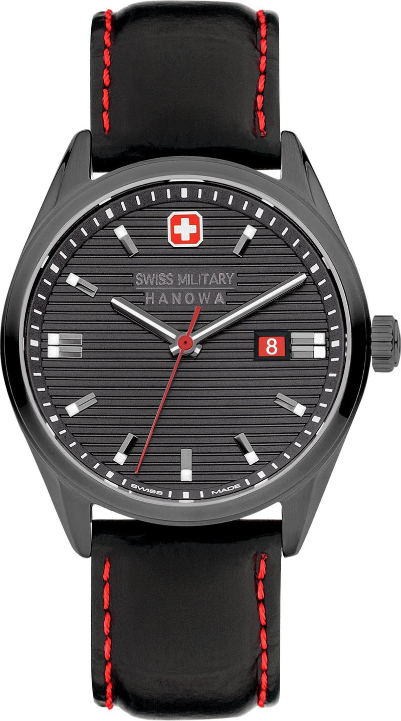 Swiss Military Hanowa Herren Armbanduhr Analog Leder Schwarz 42mm Uhrzeit Chronograph Quarz Handgelenk