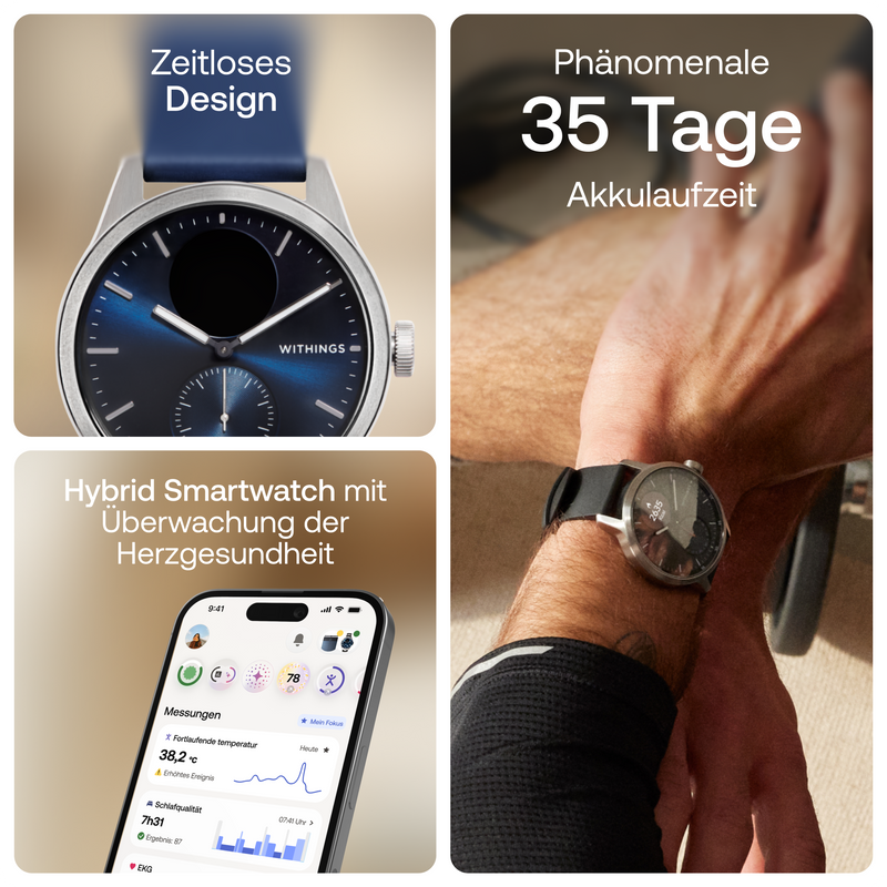 Withings ScanWatch 2 - Blau 42mm + Gratis Withings Lederarmband in Schwarz