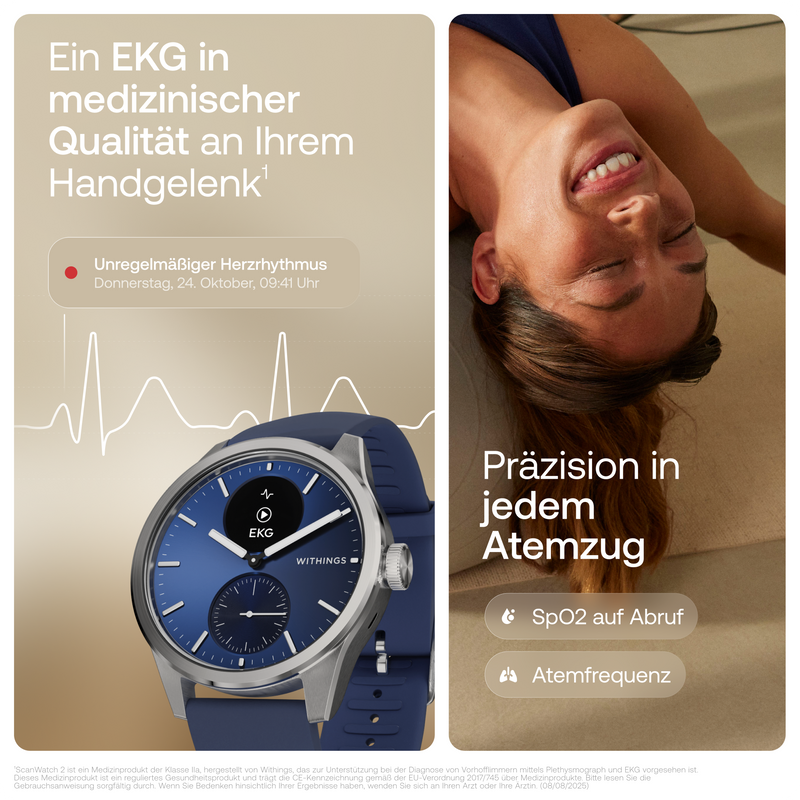 Withings ScanWatch 2 - Blau 42mm + Gratis Withings Lederarmband in Schwarz