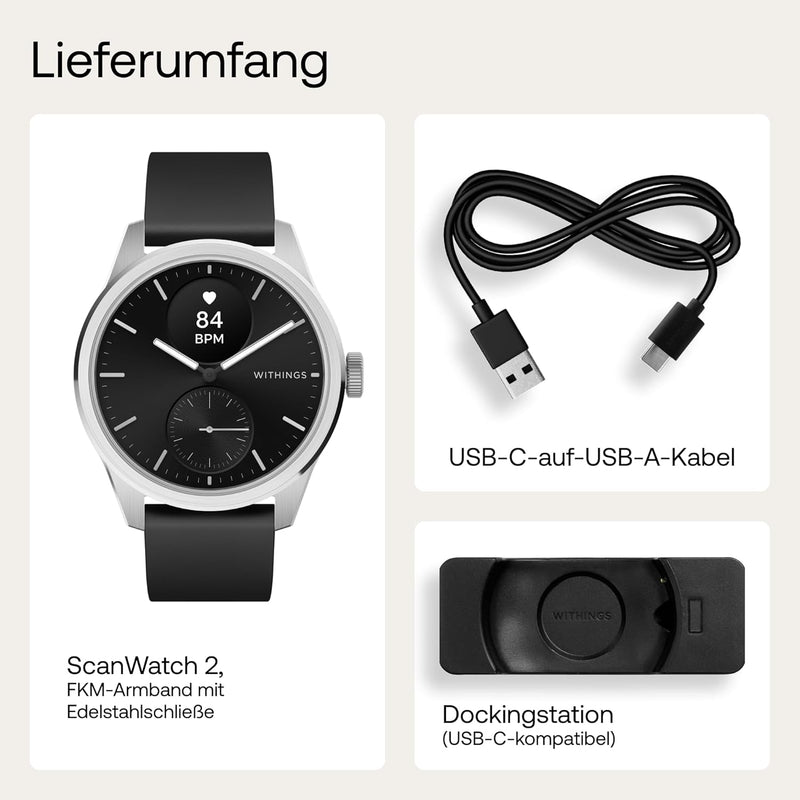 Withings Scanwatch 2 - Black 42mm + Gratis Withings Lederarmband ( Braun oder Schwarz )