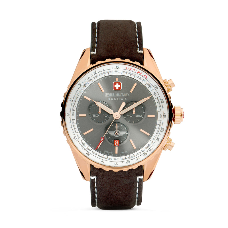 AFTERBURN CHRONO Herren Armbanduhr Chronograph Leder Armband Roségold Grau 42 mm - Swiss Made