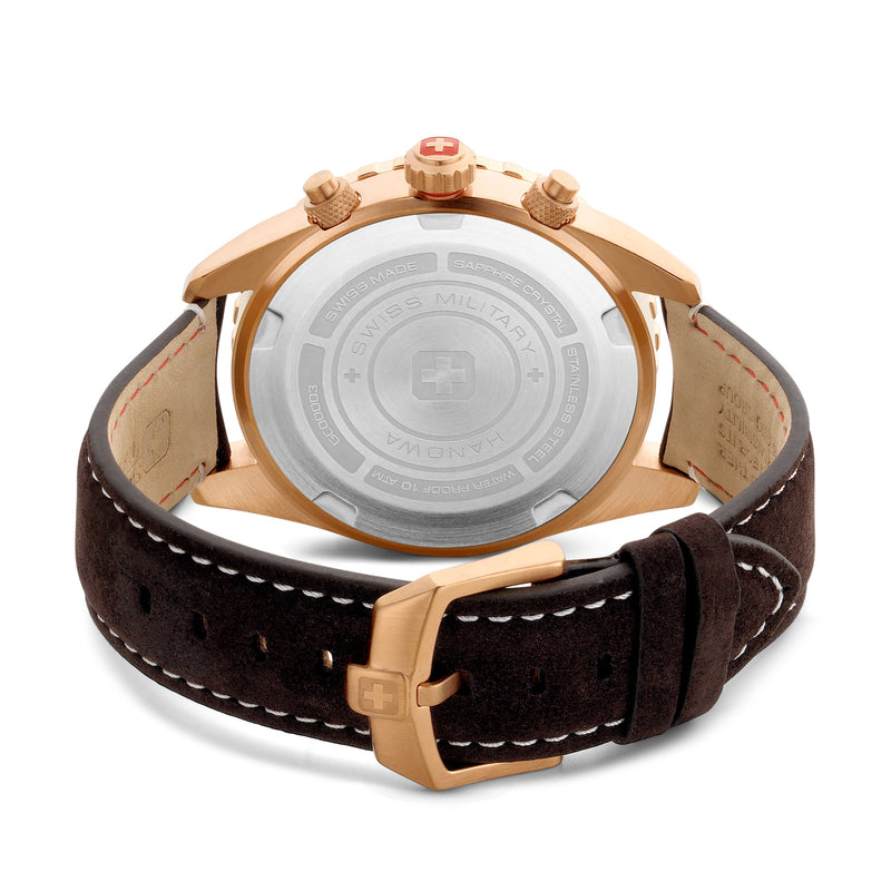 AFTERBURN CHRONO 44MM ROSE GOLD PLATED CASE DARK BROWN LEATHER STRAP