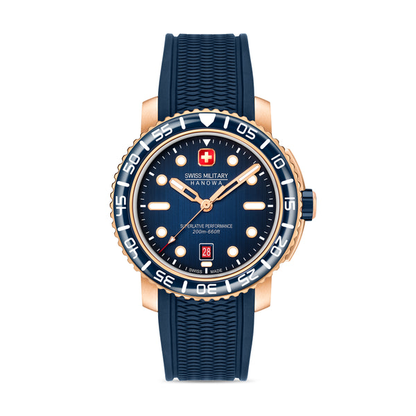 Swiss Military Hanowa Men's Wristwatch Black Marlin 45mm Blue/Rose Gold Stainless Steel/Rubber Men's Watch Diver's Watch Chronograph