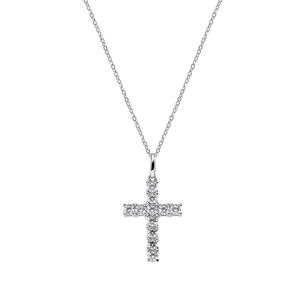 Sterling silver necklace and white zirconia - Rhodium - (Length 42+5cm - cross h. 2,4cm)