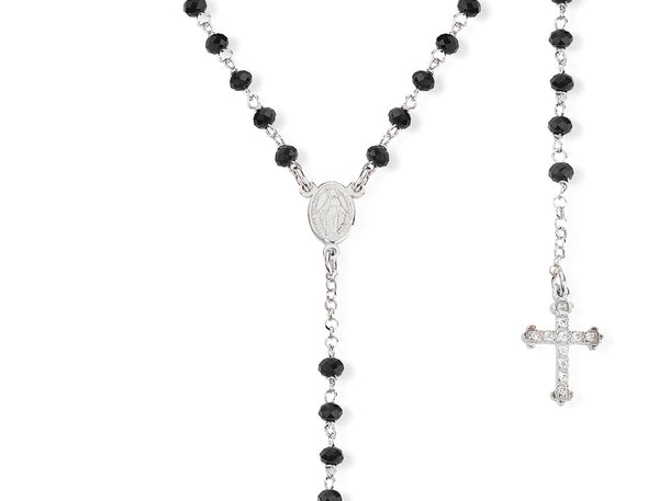 Sterling silver necklace black crystals and white zirconia - Rhodium - (Length 48+2cm - Grains Ø 3mm)