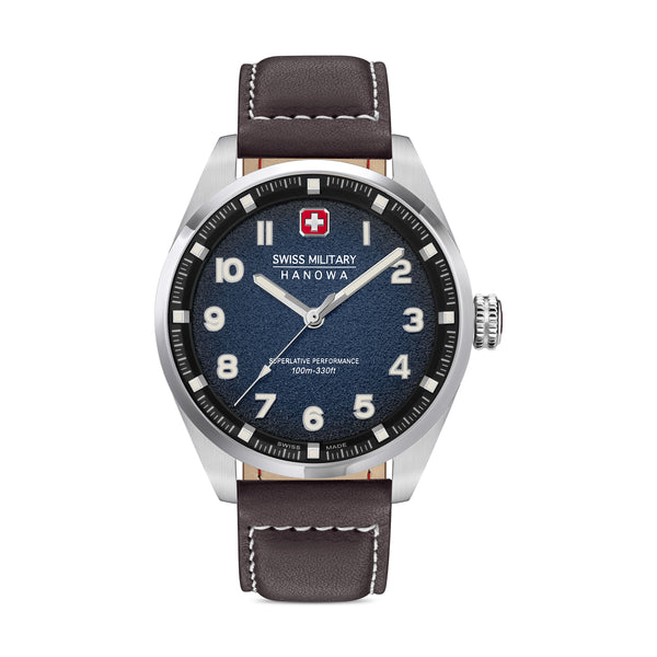 Swiss Military Hanowa Men's Analog Wristwatch Leather/Stainless Steel Blue/Brown Wristwatch Men's Watch Chronograph Timepiece