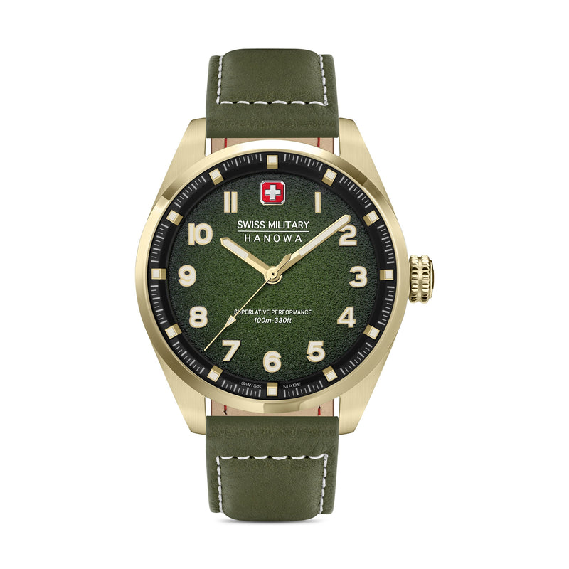 Swiss Military Hanowa Men's Analog Wristwatch Green/Gold Leather 42mm Herren Armbanduhr Chronograph Uhren Automatik Uhrwerk