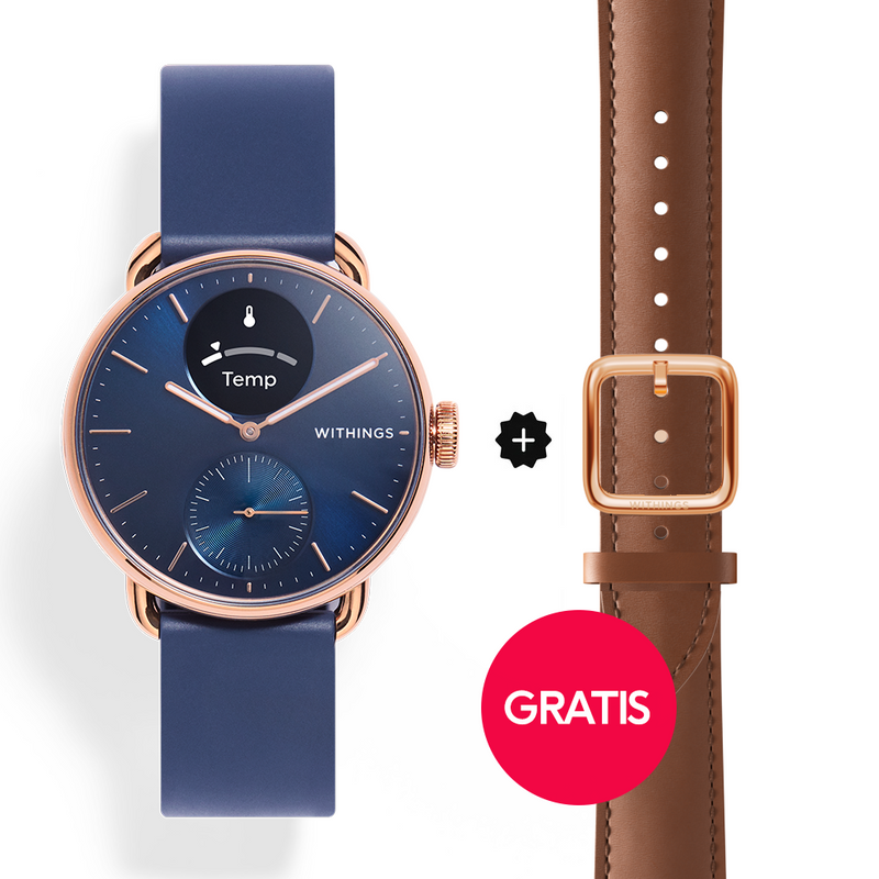 Withings Scanwatch 2 - 38mm Blau Rosegold + Gratis Withings Lederarmband in Braun