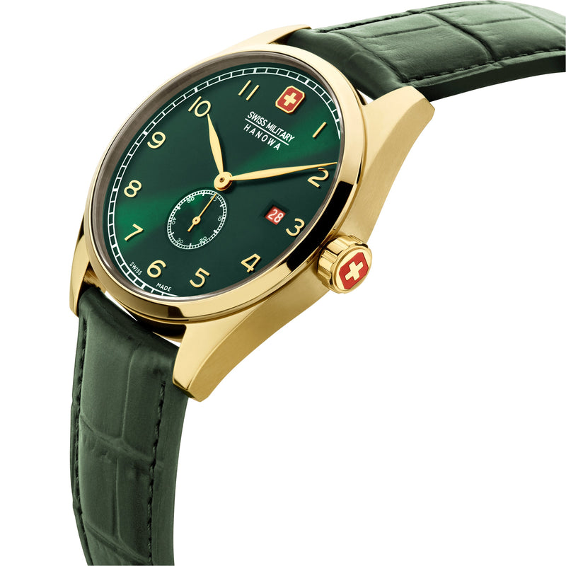 LYNX 42MM YELLOW GOLD PLATED CASE GREEN LEATHER STRAP