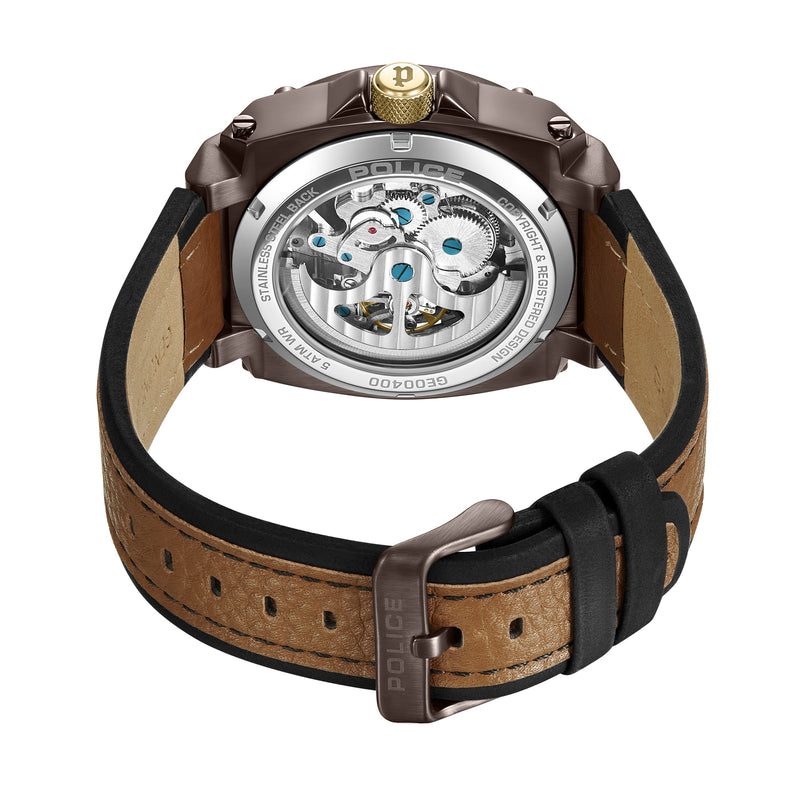 NORWOOD STAINLESS STEEL IP L. BROWN BLACK OILY & TAN BUFFALO DUAL LAYERS LEATHER W/BLACK STITCHES