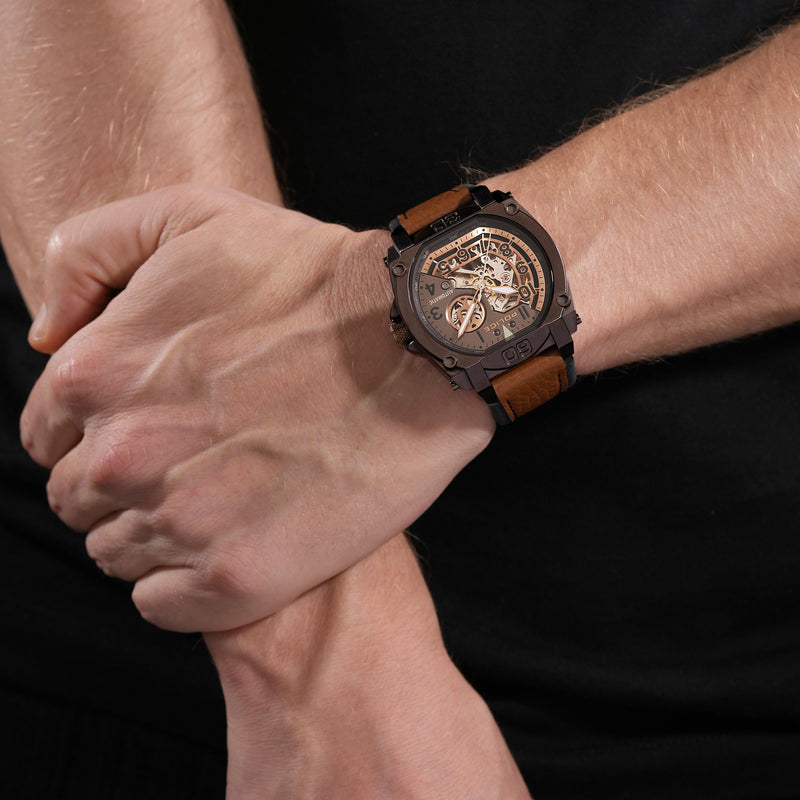 NORWOOD STAINLESS STEEL IP L. BROWN BLACK OILY &amp; TAN BUFFALO DUAL LAYERS LEATHER W/BLACK STITCHES