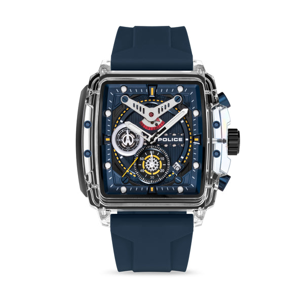 Police Chronograph men's watch silicone dark blue, (Chronograph), men's watch square, extra large (approx. 48mm) silicone strap, fashion style