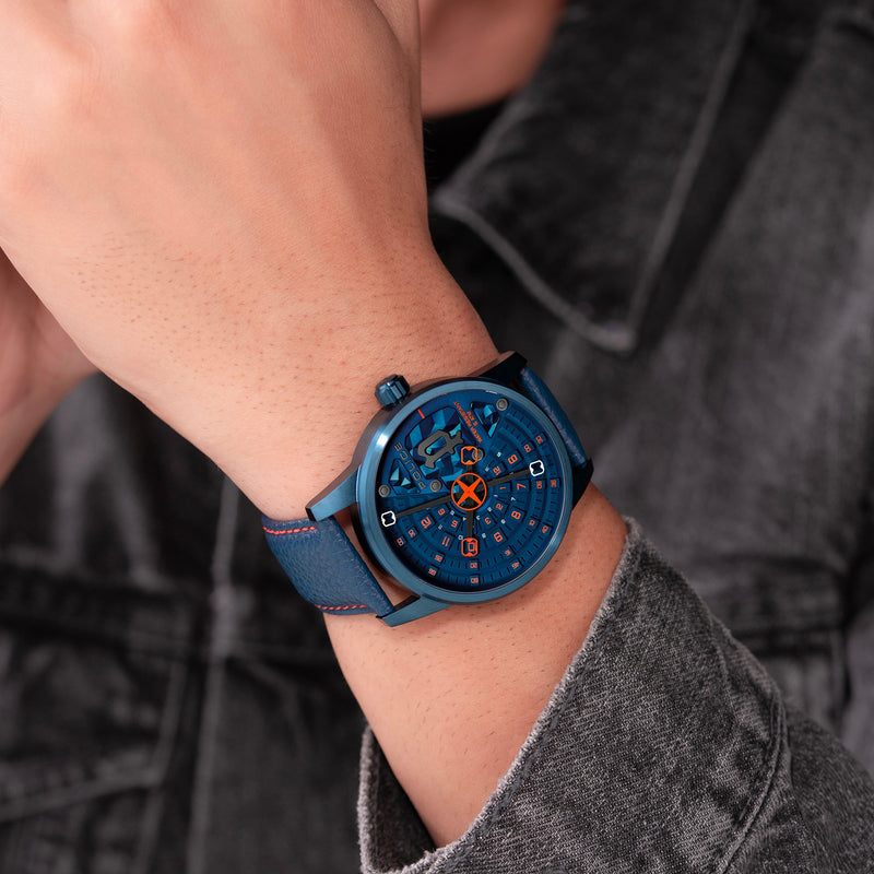 EXTREME STAINLESS STEEL IP BLUE BLUE LEATHER STRAP