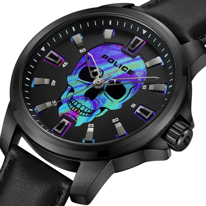 Police Herren Armbanduhr Leder Schwarz 42mm Skull Fashion Uhr Herrenuhr Armbänder