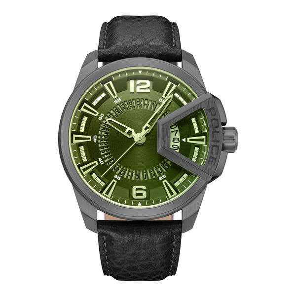 Police quartz watch men's watch leather black, (analogue watch), men's watch round, extra large (approx. 46x53mm) leather strap, green, black