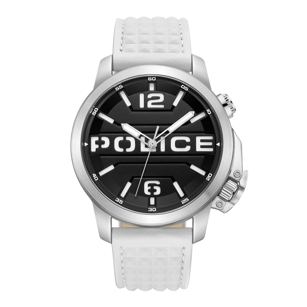 Police quartz watch men's watch leather white, (analogue watch), men's watch round, extra large (approx. 44x52mm) leather strap