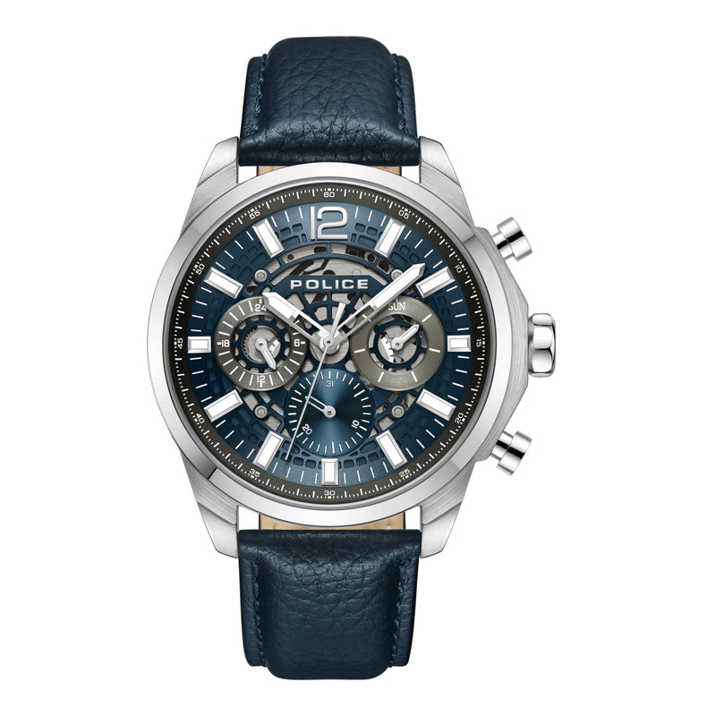 Police Herren Armbanduhr Analog Chronograph Leder Blau 42mm Herrenuhr Handgelenk Armbänder Uhren