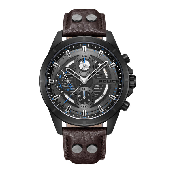 Police Chronograph men's watch leather dark brown, (Chronograph), men's watch round, extra large (approx. 45x53mm) leather strap, black