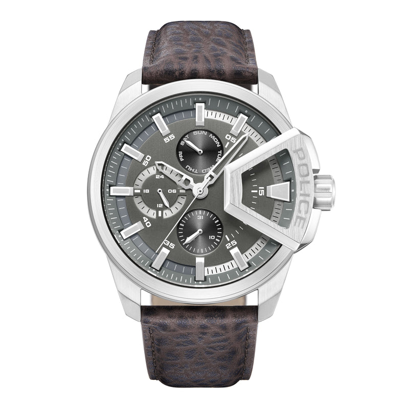 Police Men's Chronograph Watch Leather Strap Grey Brown 44mm - Men's Watch Chronograph Wristwatch