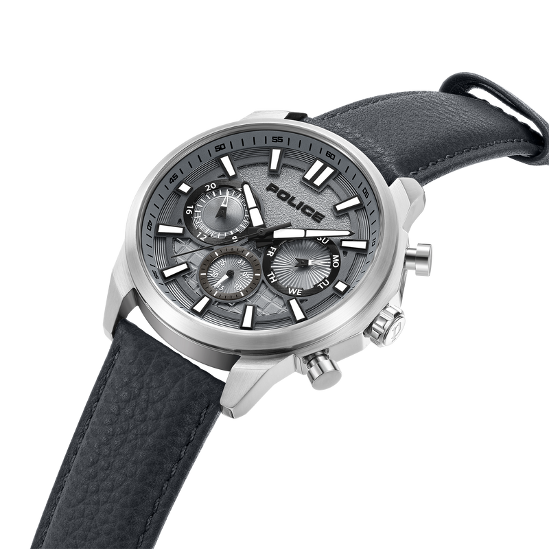 REBEL STAINLESS STEEL STEEL COOL GRAY 10C LEATHER STRAP