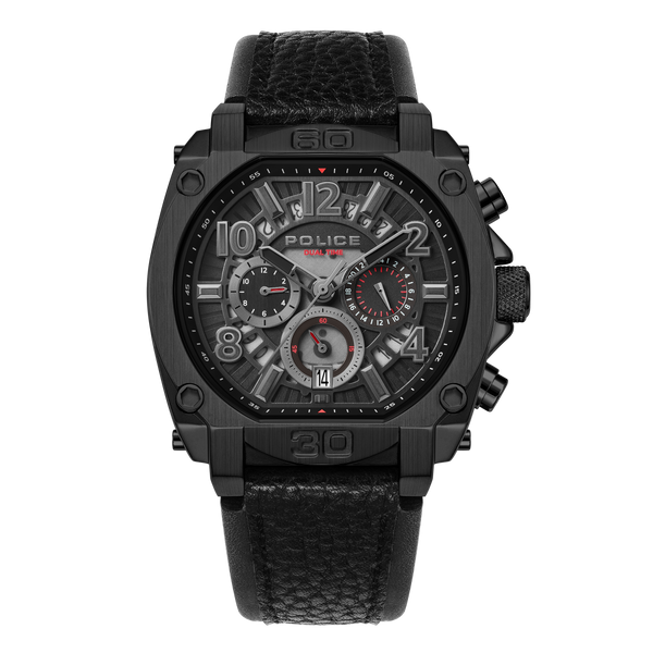 REBEL STAINLESS STEEL IP BLACK CHARCOAL &amp; BLACK DUAL LAYER LEATHER STRAP