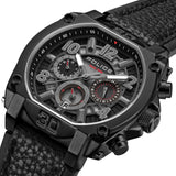 REBEL STAINLESS STEEL IP BLACK CHARCOAL & BLACK DUAL LAYER LEATHER STRAP