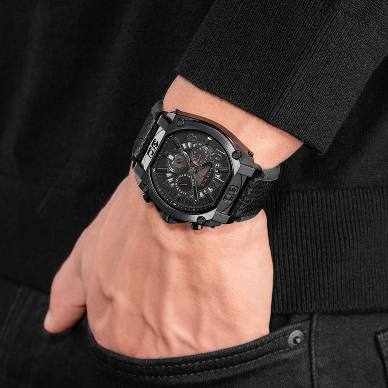 REBEL STAINLESS STEEL IP BLACK CHARCOAL &amp; BLACK DUAL LAYER LEATHER STRAP