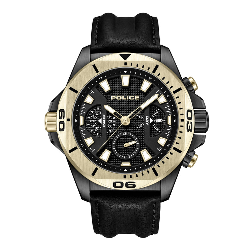 Police Herren Armbanduhr Chronograph Analog Leder Schwarz Gold 44mm - Handgelenk Uhr Herrenuhr - Uhren für Männer