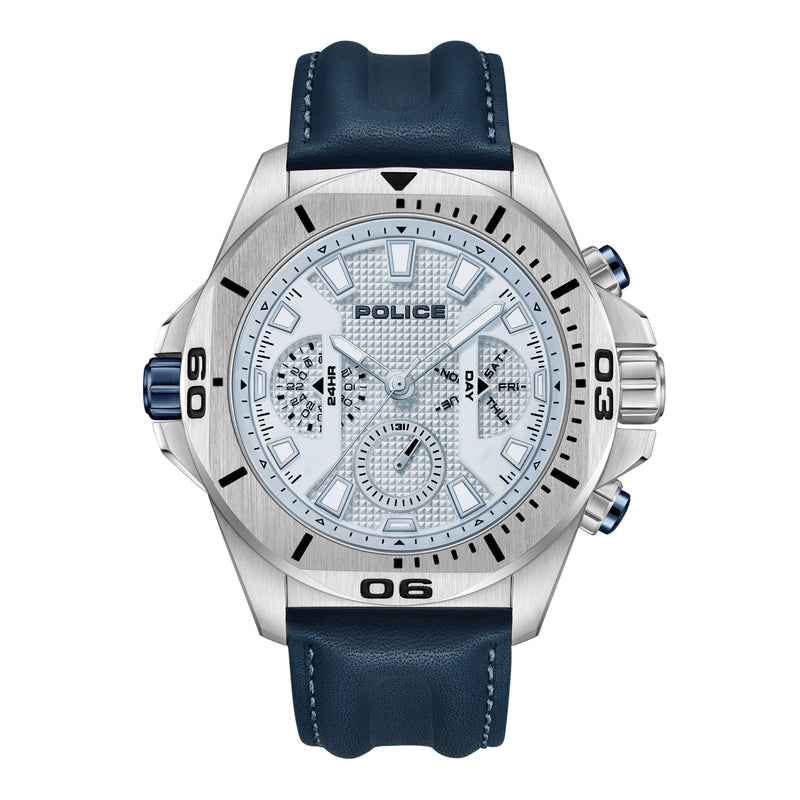 Police Men's Chronograph Watch Blue/Silver Leather Wristwatch Men's Watch Chronograph Men's Wristwatch