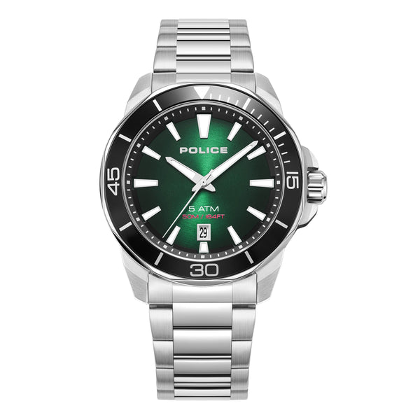 Police quartz watch men's watch stainless steel silver, (analogue watch), men's watch round, extra large (approx. 43x49mm) stainless steel bracelet, green