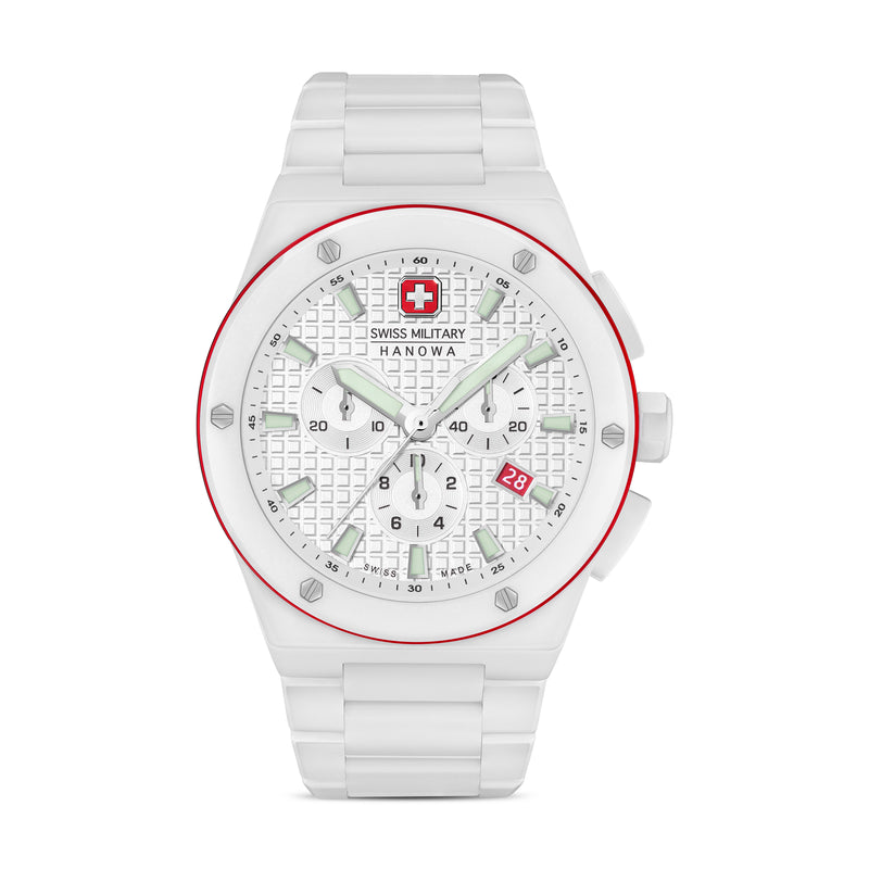 SIDEWINDER CERAMIC Unisex Wristwatch White/Red 42mm Stainless Steel Herrenuhr Chronograph Armbanduhr Quarzuhr