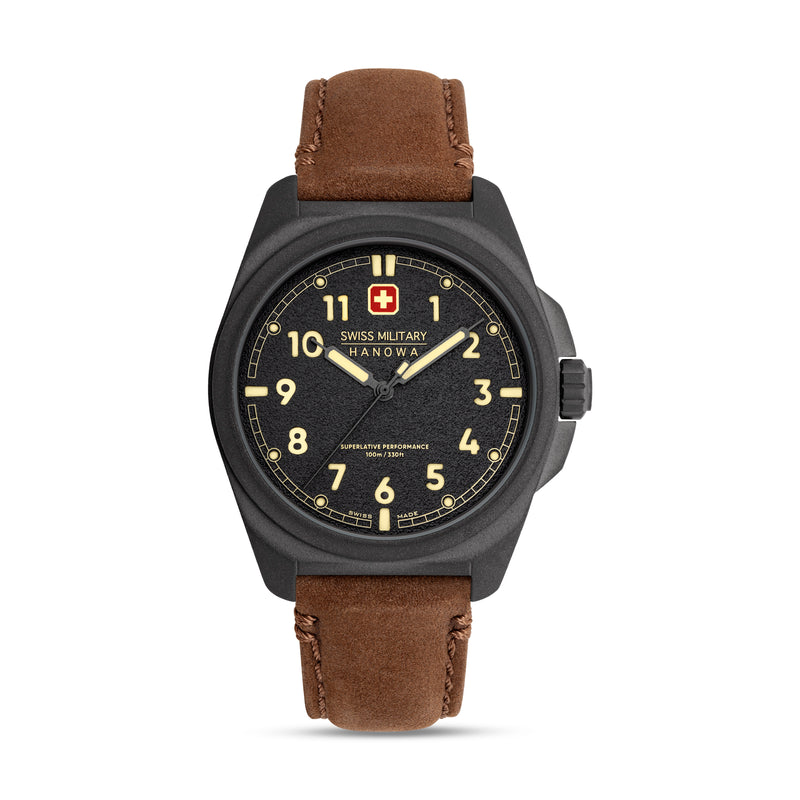 Swiss Military Hanowa Men's Wristwatch Analog Leather Black 42mm - Watches Men