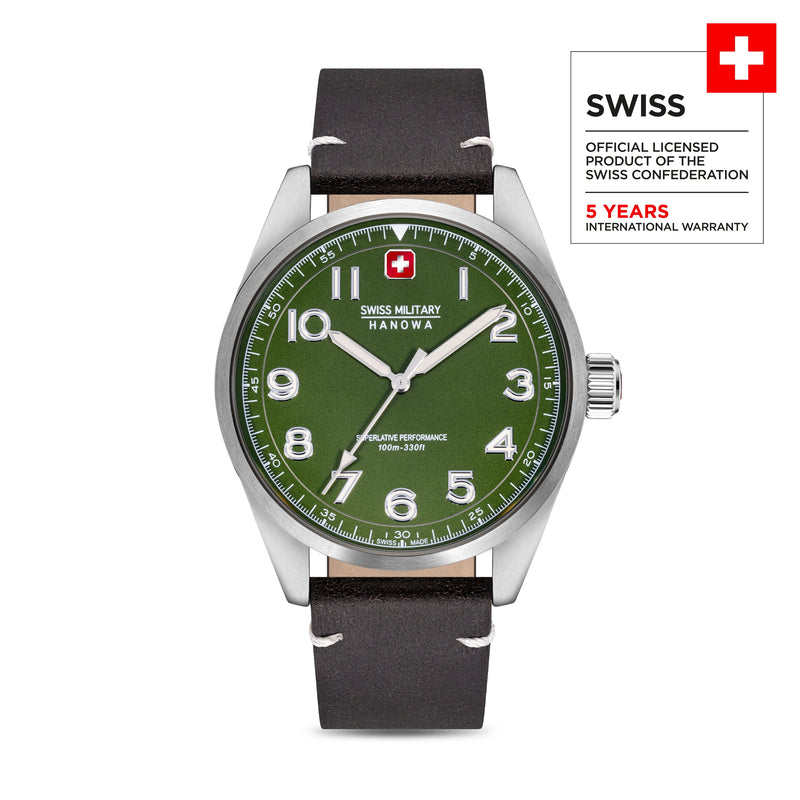 Swiss Military Hanowa Men's Wristwatch Leather Green 42mm - Swiss Made Watch - Chronograph - Diver's Watch - Sports Watch