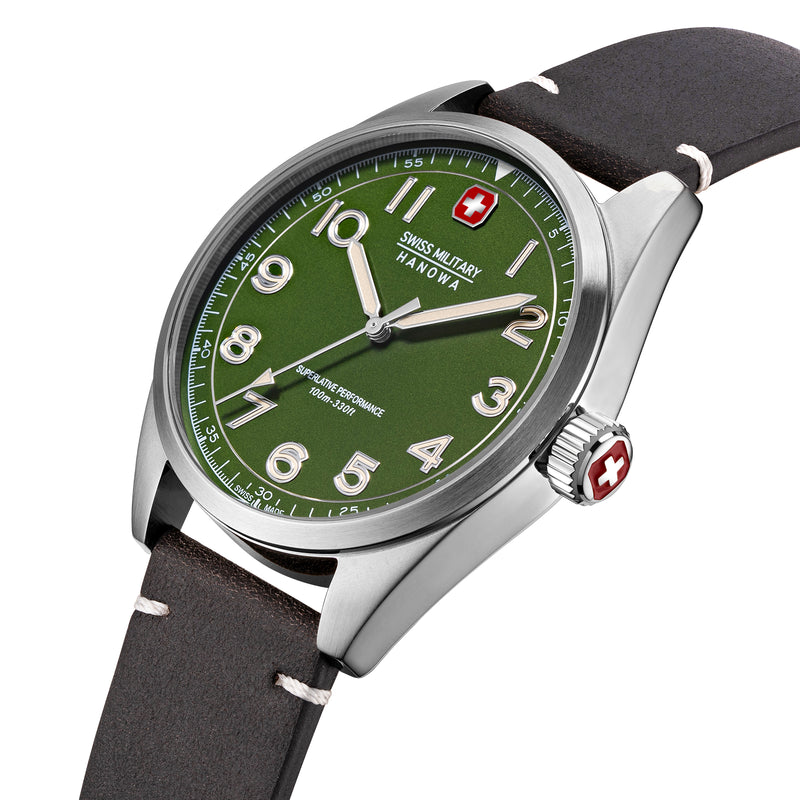 Swiss Military Hanowa Men's Wristwatch Leather Green 42mm - Swiss Made Watch - Chronograph - Diver's Watch - Sports Watch