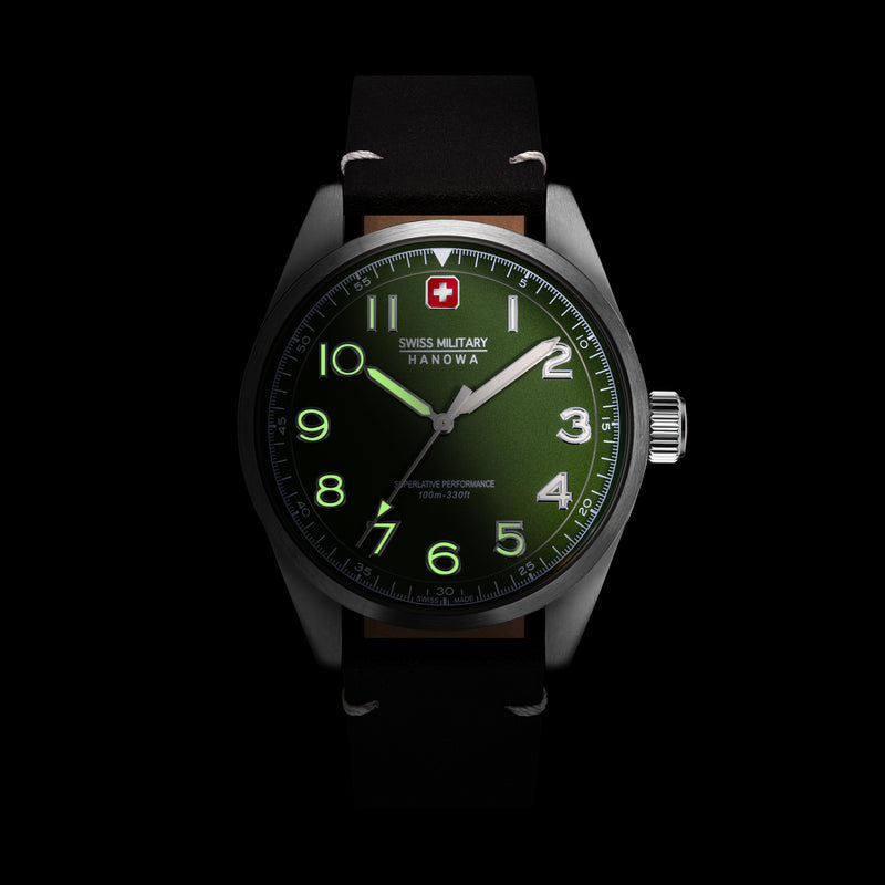 Swiss Military Hanowa Men's Wristwatch Leather Green 42mm - Swiss Made Watch - Chronograph - Diver's Watch - Sports Watch