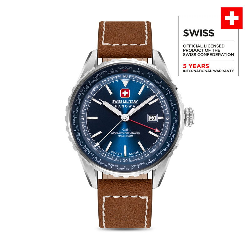 Swiss Military Hanowa Men's Wristwatches Analog Watches Leather/Stainless Steel Blue 42mm Swiss Made Herrenuhr Chronograph Armbanduhr Leder Armbänder