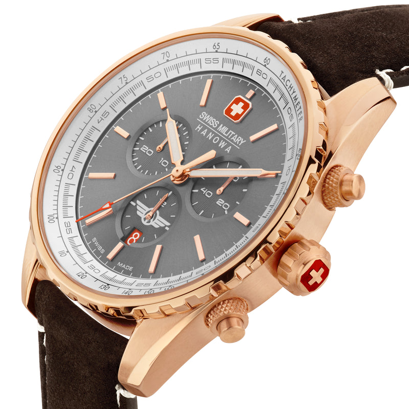 Swiss Military Hanowa Men's Watch Chronograph Leather Strap Rose Gold Grey 42 mm - Swiss Military Watch - Men's Watch Chronograph - Wristwatch