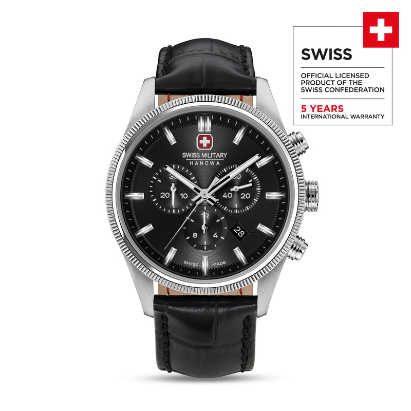 Swiss Military Hanowa Herren Chronograph Uhr Leder Armband Schwarz 42mm Herrenuhr Armbanduhr Chronographen Herrenuhren