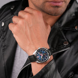 DEFENDER Leather/Stainless Steel Blue/Black 42mm Herrenuhr Armbanduhr - Swiss Made