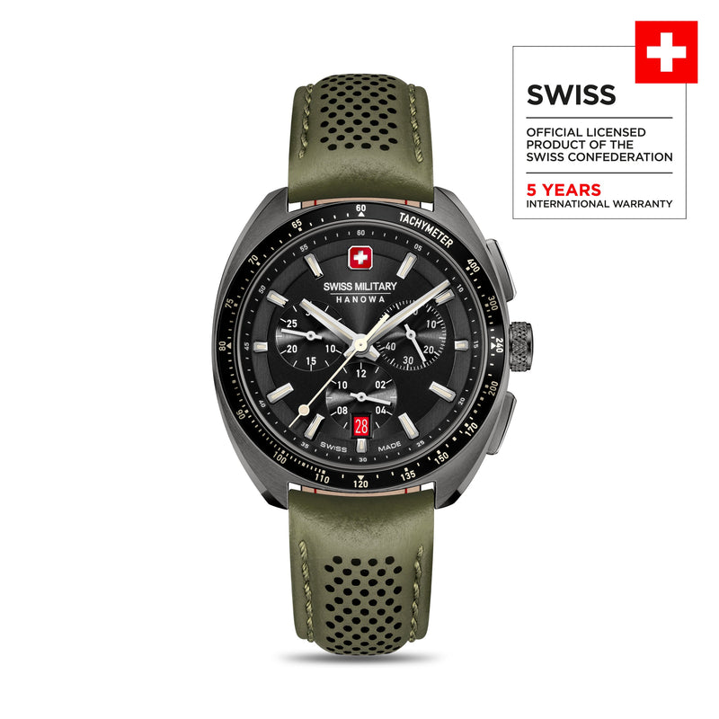 Swiss Military Hanowa Men's Analog Chronograph Green Leather 43mm Watch Herrenuhr Armbanduhr Chronograph Leder