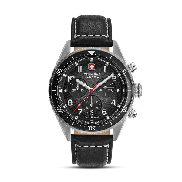 GREYHOUND CHRONO 43MM STAINLESS STEEL CASE BLACK LEATHER STRAP