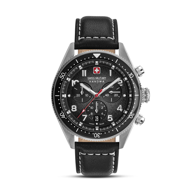 GREYHOUND CHRONO 43 MM STAINLESS STEEL CASE BLACK LEATHER STRAP