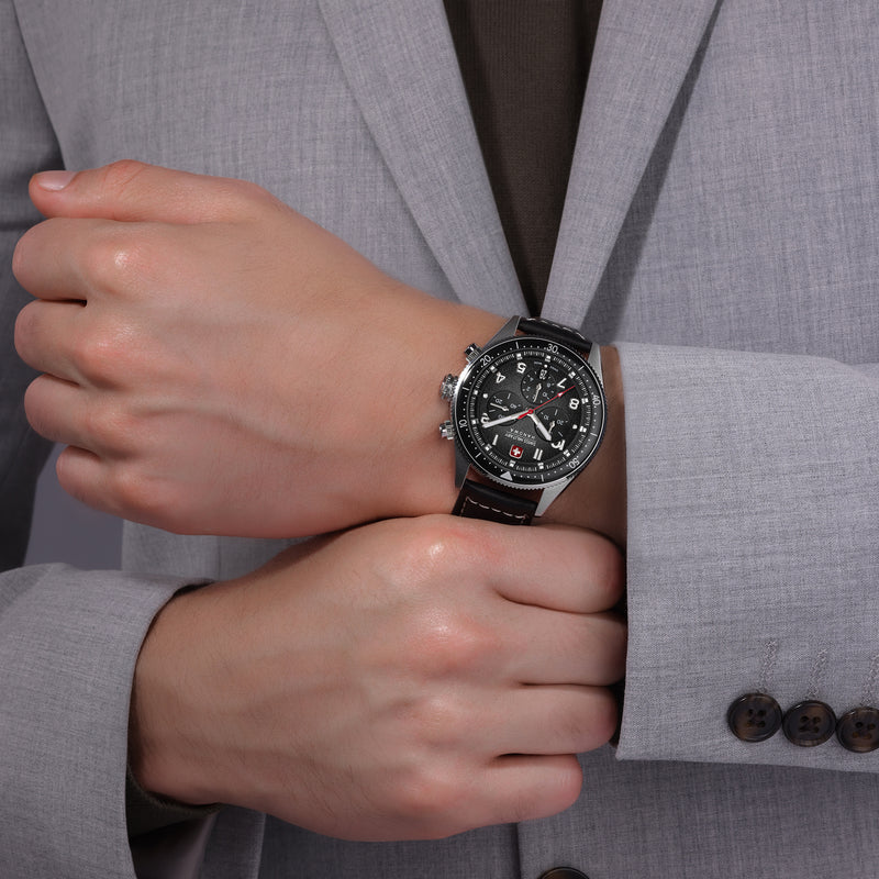 GREYHOUND CHRONO 43MM STAINLESS STEEL CASE BLACK LEATHER STRAP