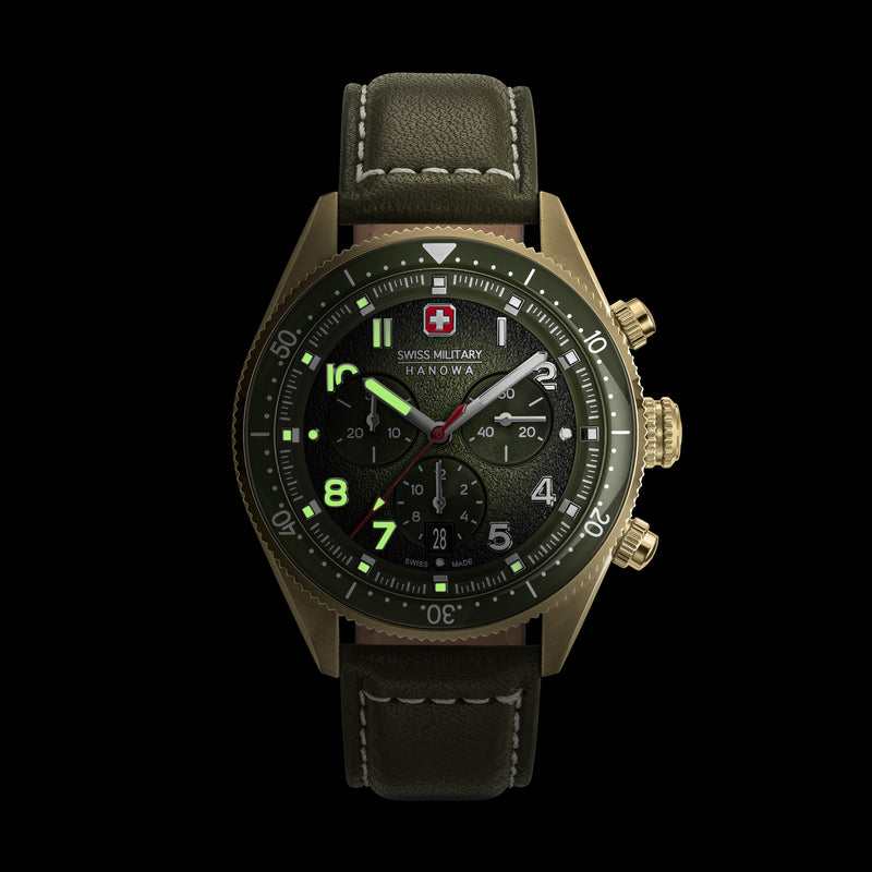 GREYHOUND CHRONO 43MM STAINLESS STEEL CASE OLIVE LEATHER STRAP