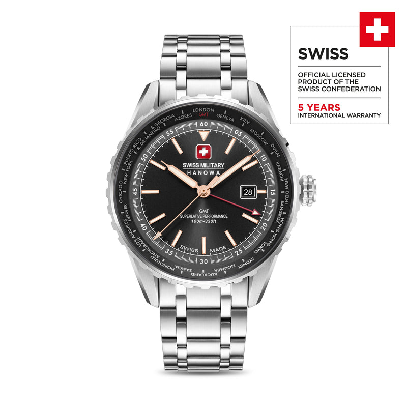 Swiss Military Hanowa Herren Armbanduhr Analog Uhr 42mm Edelstahl Schwarz GMT- Armbanduhr Herrenuhr Swiss Made