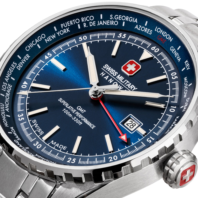 AFTERBURN GMT Herren Armbanduhr Afterburn GMT 42mm Edelstahl Blau -  Swiss Made