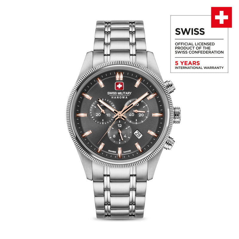 Swiss Military Hanowa Men's Airman First Class Stainless Steel Chronograph Watch Grey/Rose Gold 42mm Herrenuhr Armbanduhr Uhren