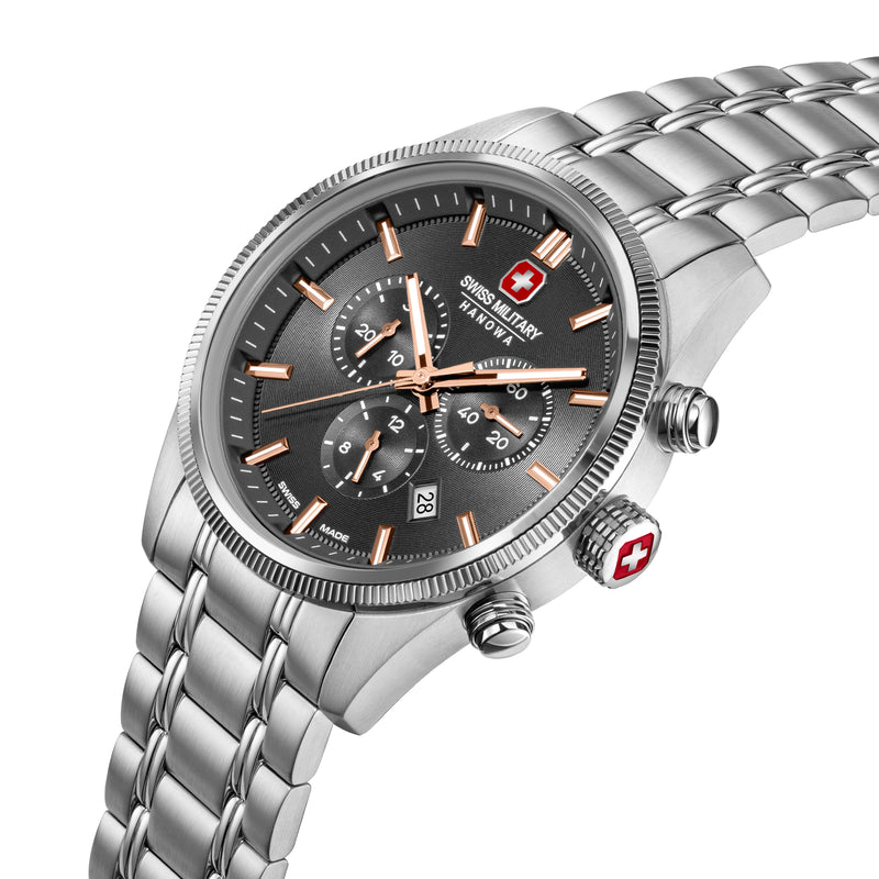 AIRMAN FIRST CLASS Stainless Steel Chronograph Watch Grey/Rose Gold 42mm Herrenuhr - Swiss Made