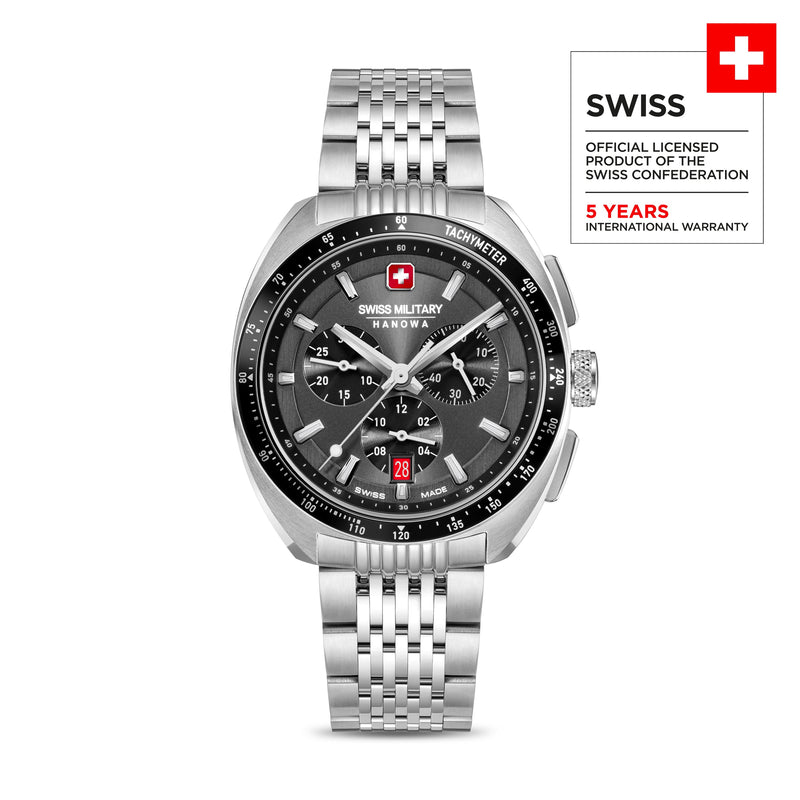 Swiss Military Hanowa Men's Wrist Watch Chronograph 42mm Stainless Steel Silver/Black Herren Armbanduhr Chronograph Swiss Made