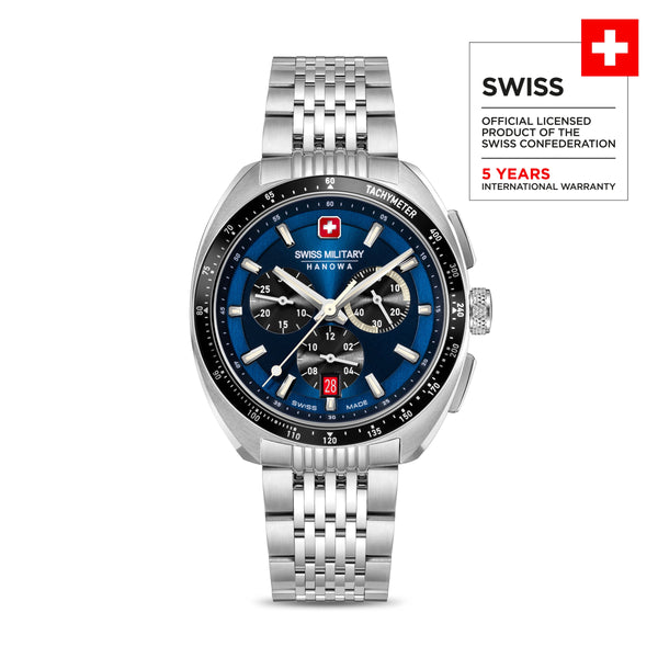 Swiss Military Hanowa Men's Wristwatch Blue Stainless Steel 42mm Chronograph Herren Armbanduhr Analog Quarz Leder Armband